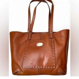 Michael Kors Astor Brown Leather Studded Tote Bag Tonal Top Stitching
